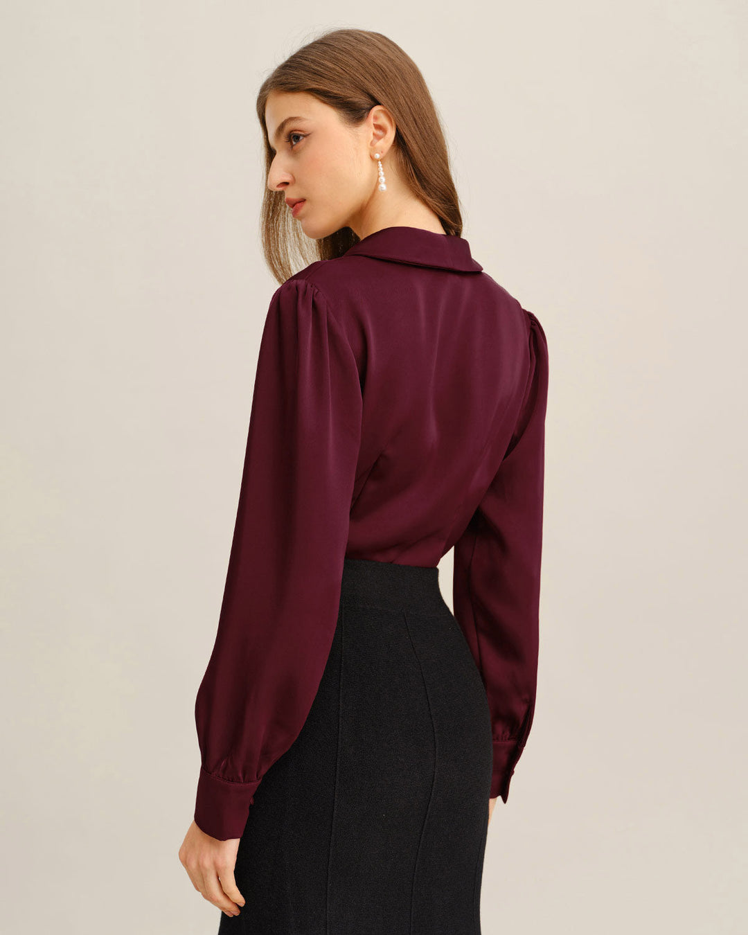 Morgan and Brooke | Satin Button Shirt for Women in Wine Red