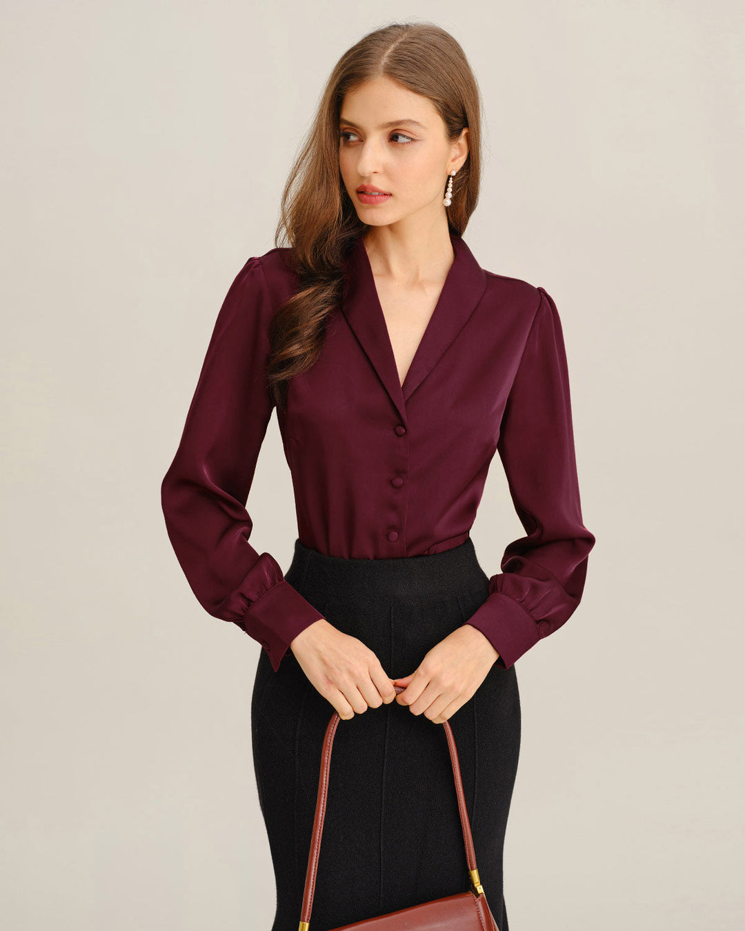 Morgan and Brooke | Satin Button Shirt for Women in Wine Red