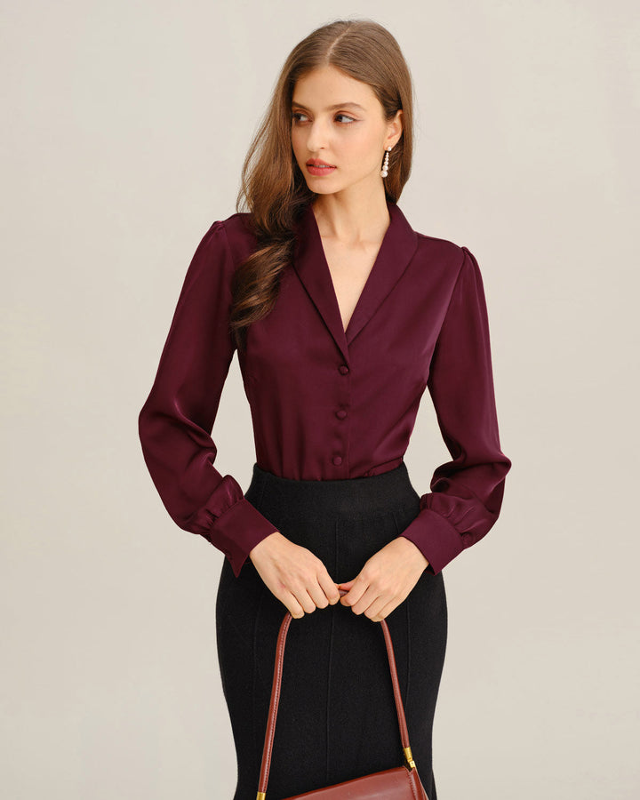 Morgan and Brooke | Satin Button Shirt for Women in Wine Red