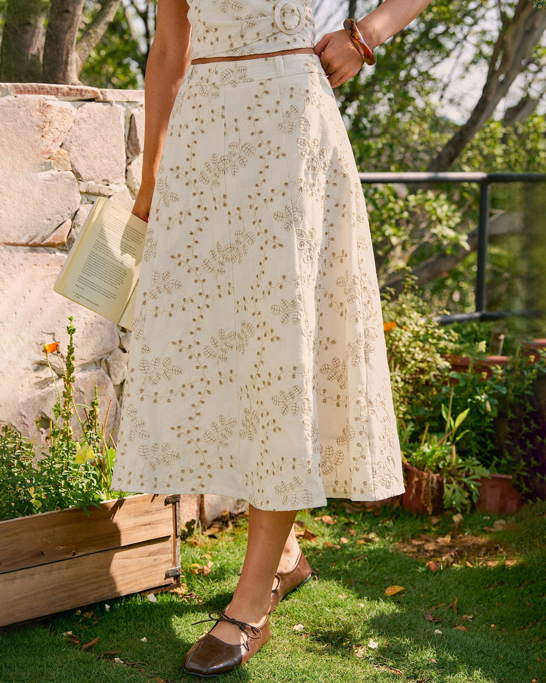 Morgan and Brooke | Beige Embroidered Midi Skirt