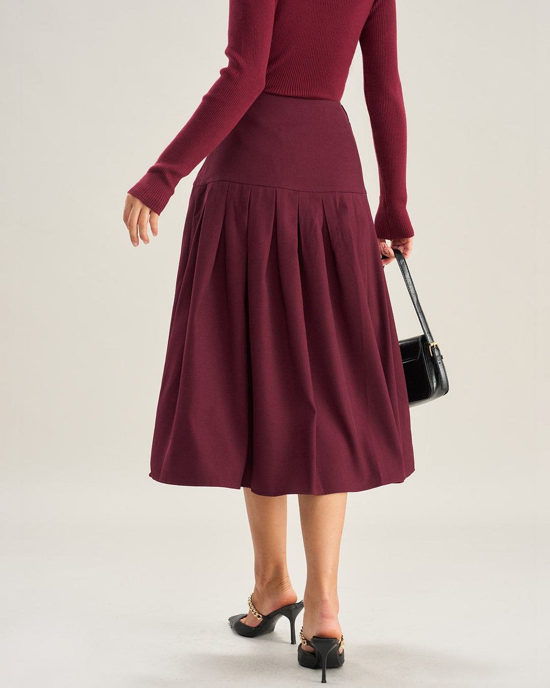 Morgan and Brooke | Natural Waisted Pleated Midi Skirt in Wine Red