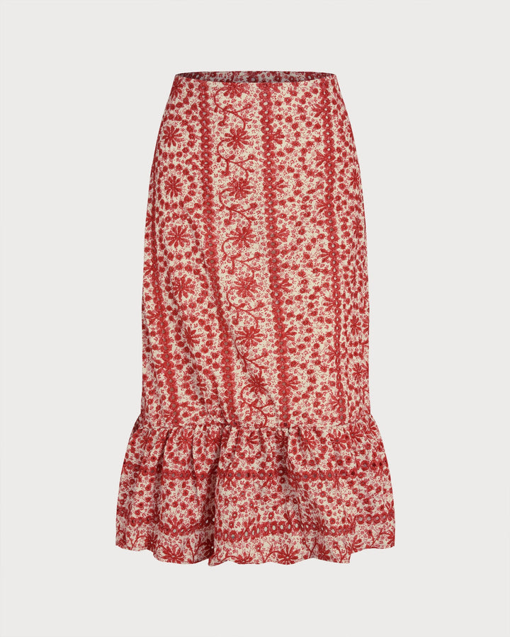 Morgan and Brooke | Floral Ruched Midi Skirt for Women in Red