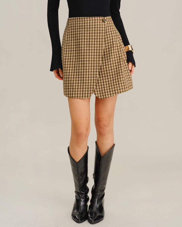 Morgan and Brooke | Khaki Plaid Wrap Mini Skirt