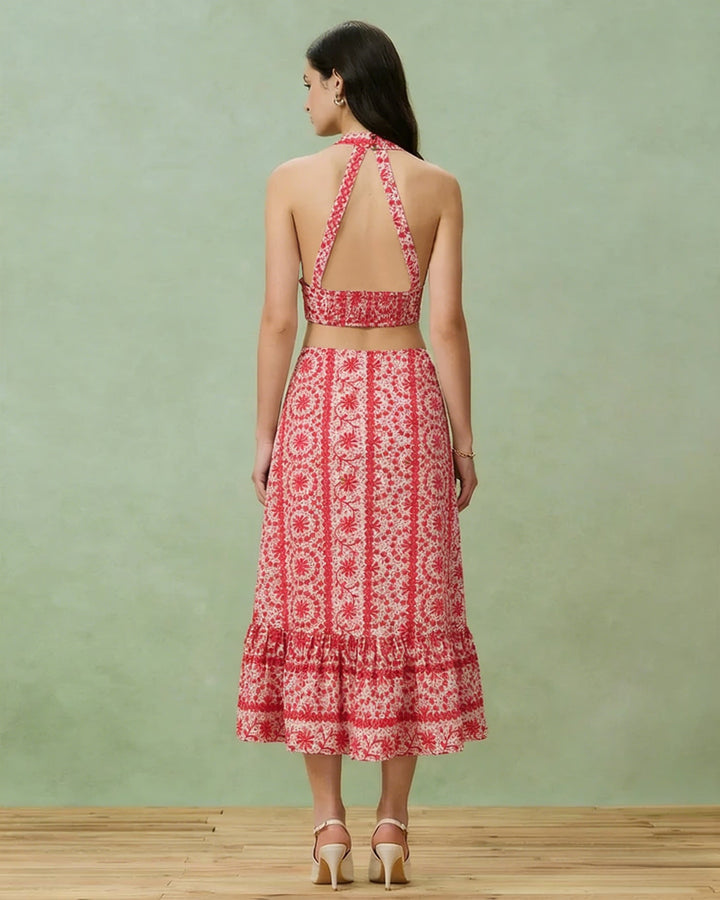 Morgan and Brooke | Floral Ruched Midi Skirt for Women in Red