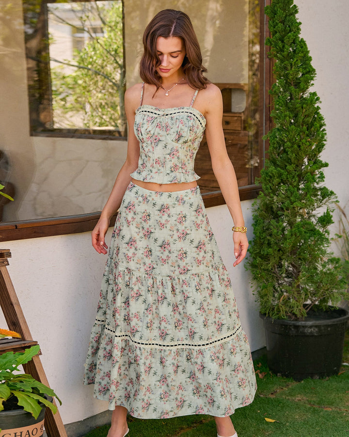 Morgan and Brooke | Green Floral A-Line Midi Skirt