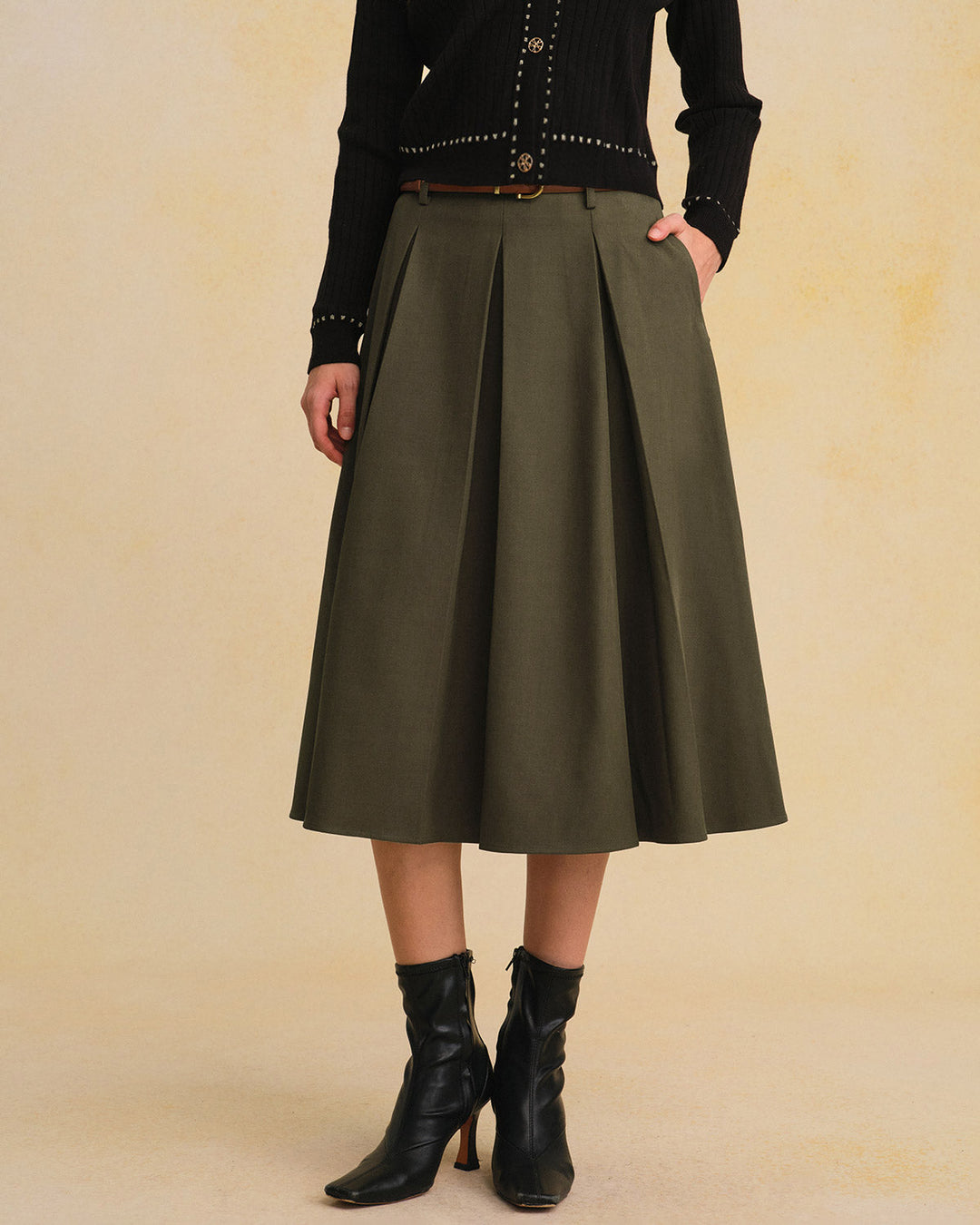 Morgan and Brooke | A-Line Pleated Midi Skirt in Green