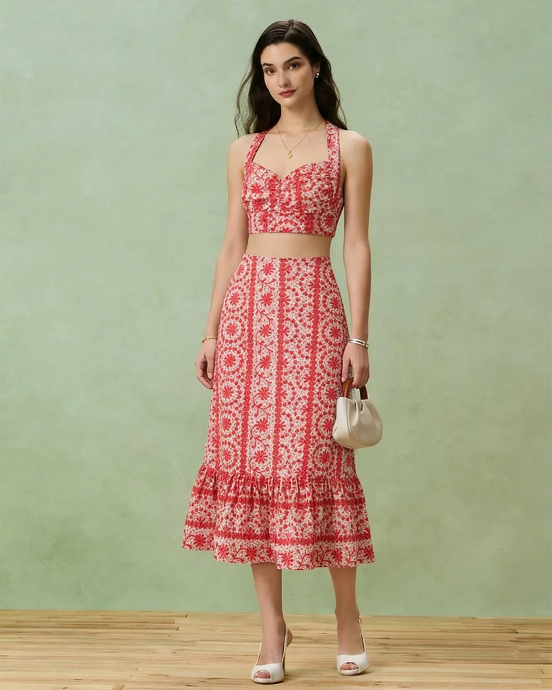 Morgan and Brooke | Floral Ruched Midi Skirt for Women in Red