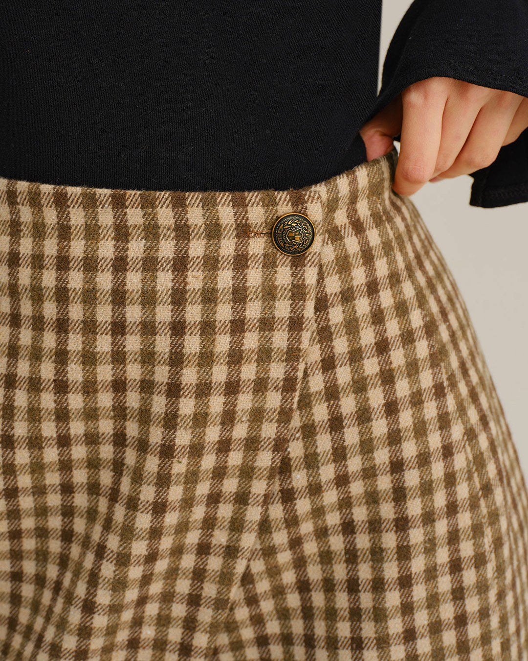 Morgan and Brooke | Khaki Plaid Wrap Mini Skirt