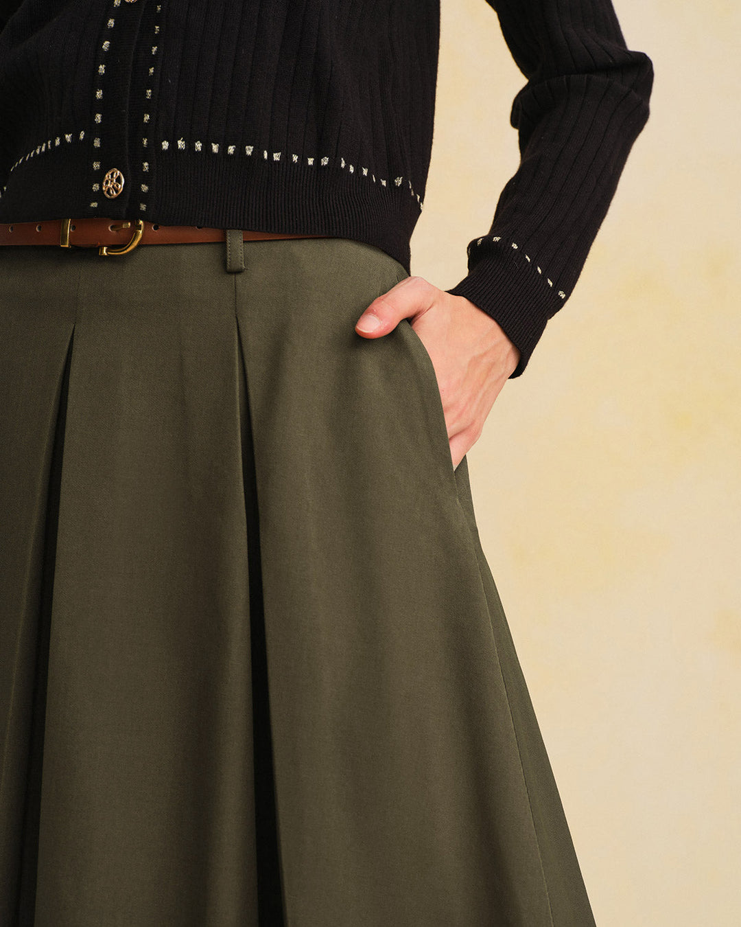 Morgan and Brooke | A-Line Pleated Midi Skirt in Green