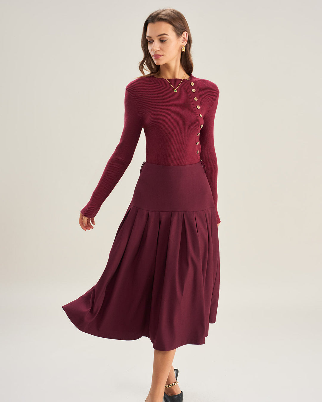 Morgan and Brooke | Natural Waisted Pleated Midi Skirt in Wine Red