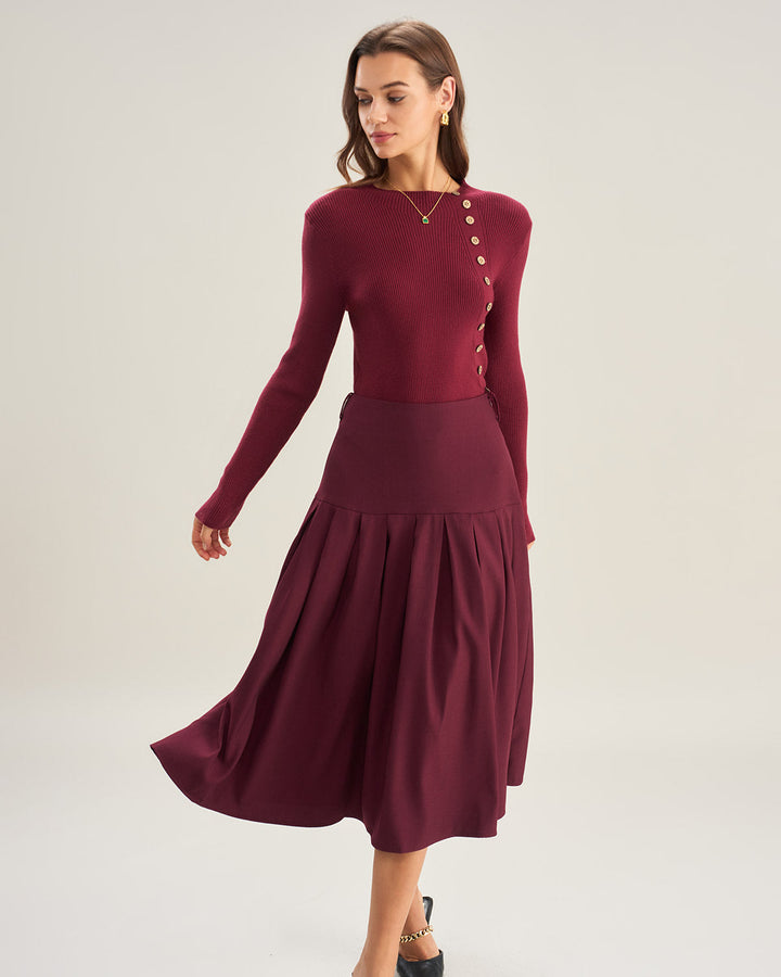 Morgan and Brooke | Natural Waisted Pleated Midi Skirt in Wine Red
