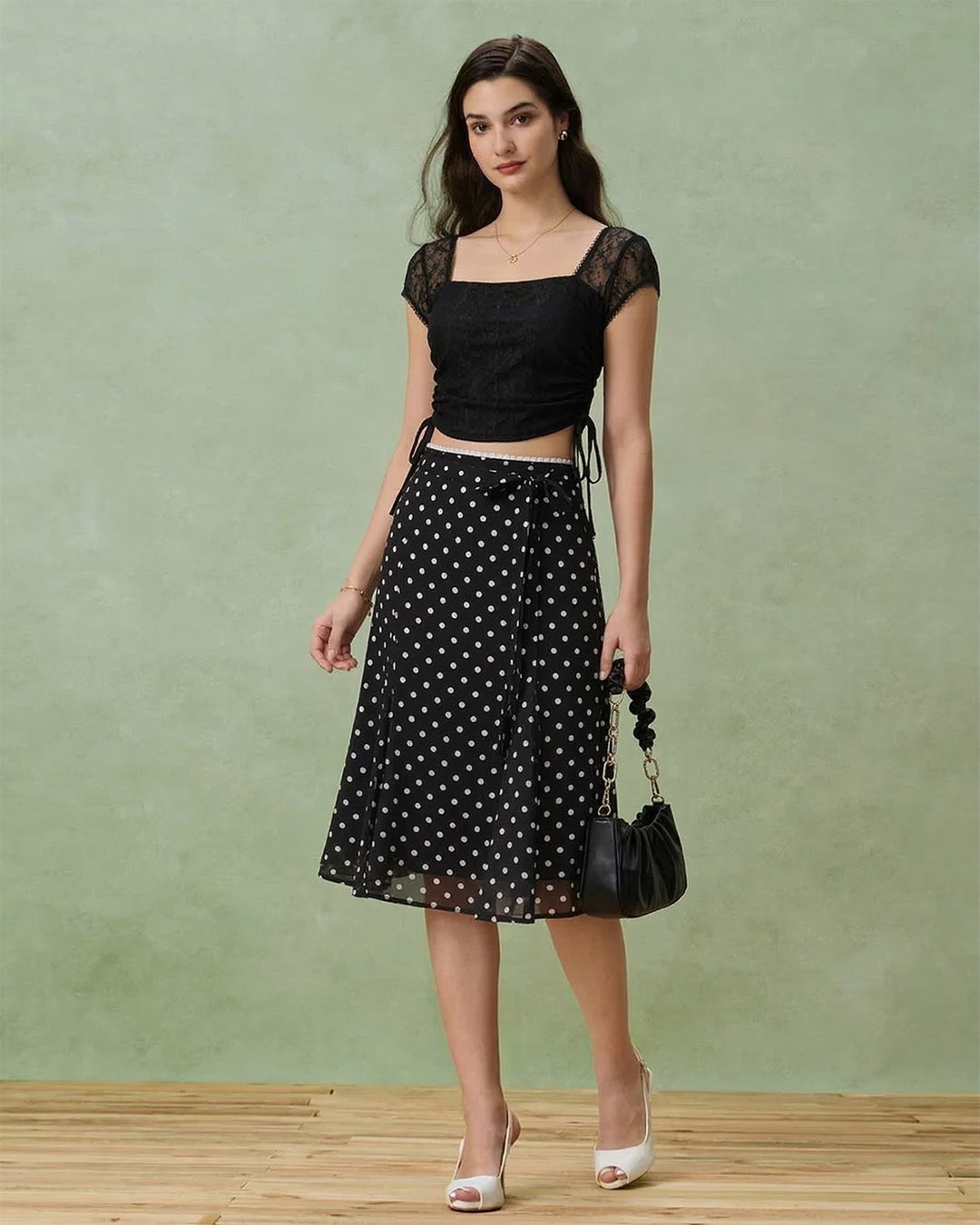 Morgan and Brooke | Polka Dot Midi Skirt for Women in Black