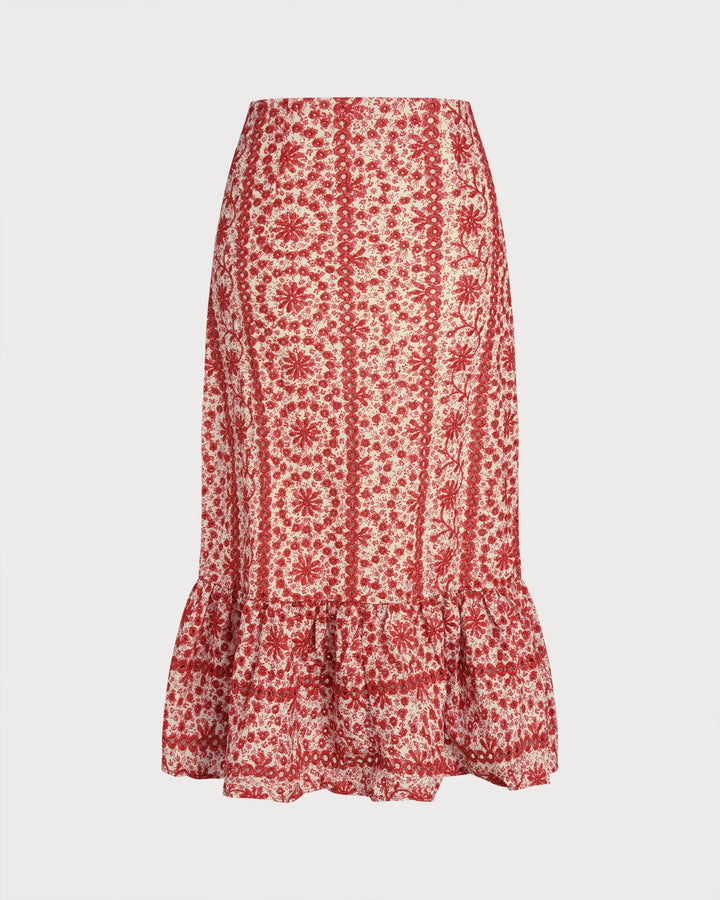 Morgan and Brooke | Floral Ruched Midi Skirt for Women in Red
