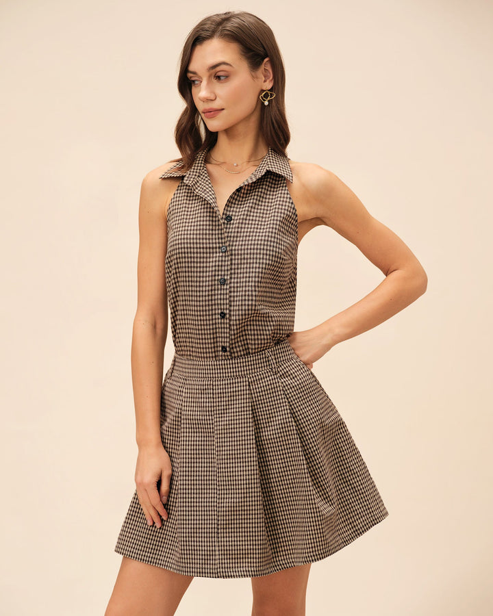 Morgan and Brooke | Brown Plaid Ruched Skirt