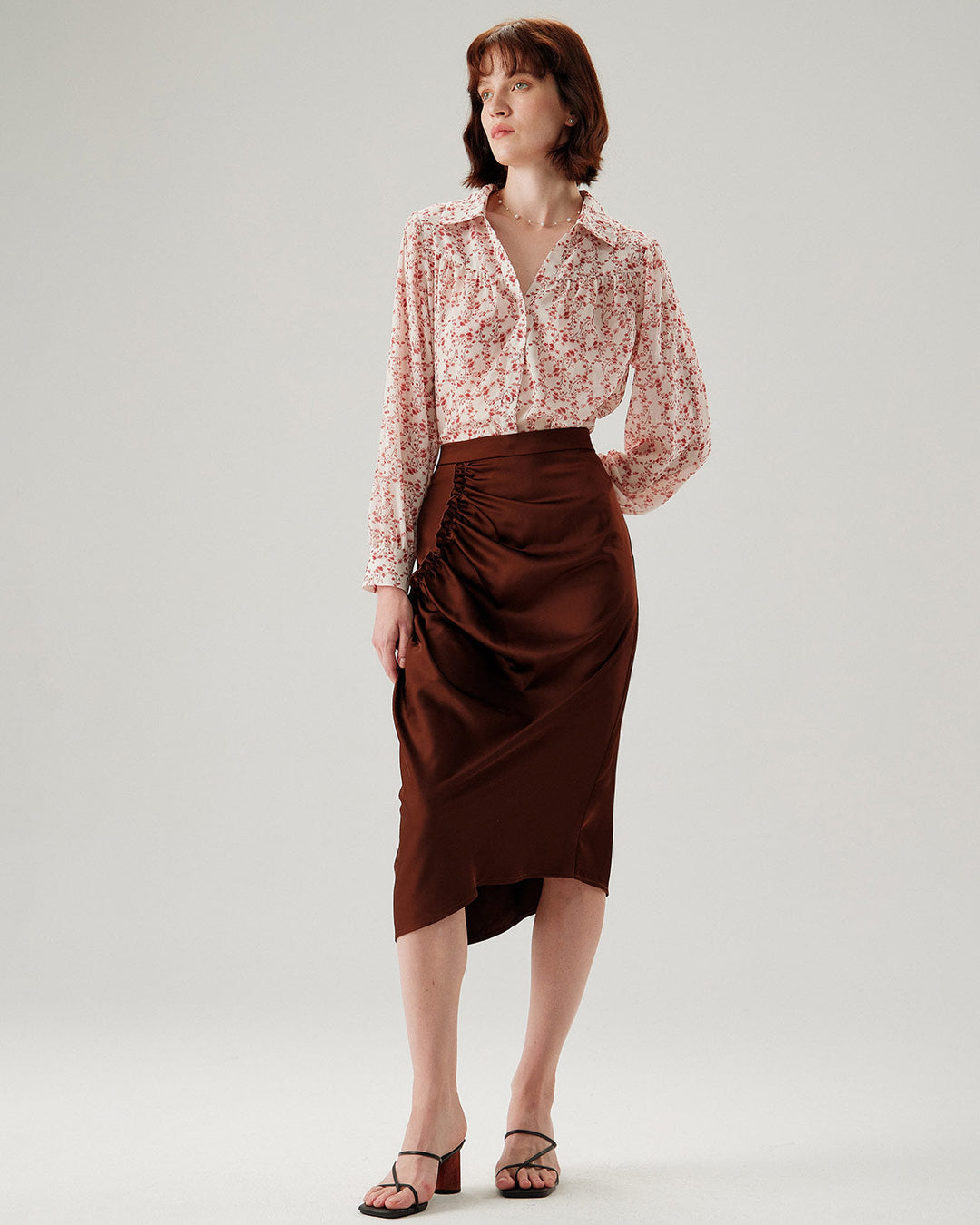 Morgan and Brooke | Ruched Pencil Midi Skirt for Women in Coffee