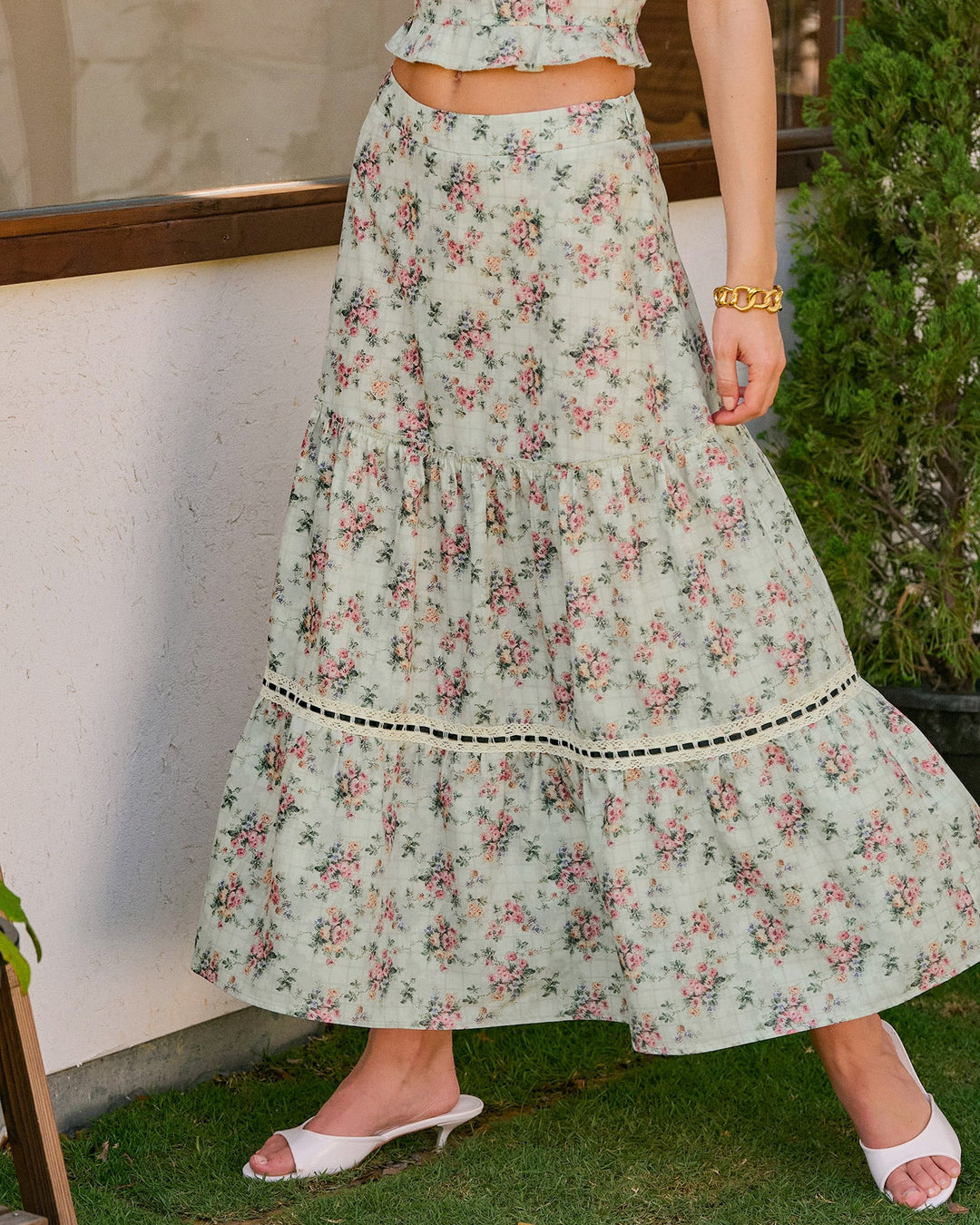 Morgan and Brooke | Green Floral A-Line Midi Skirt