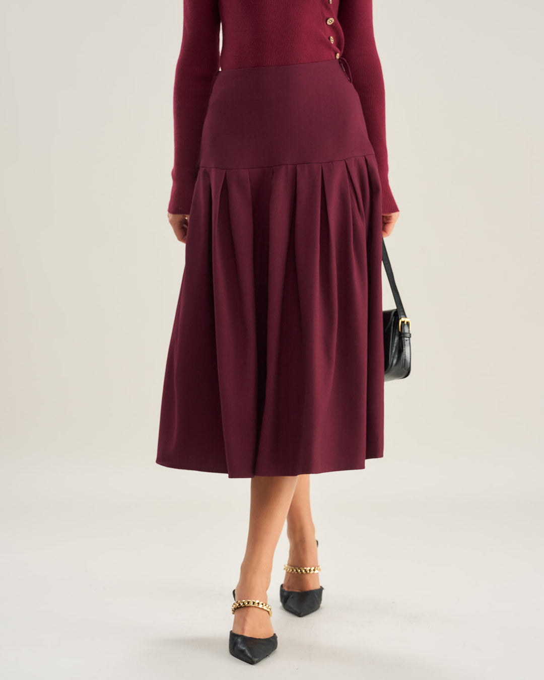 Morgan and Brooke | Natural Waisted Pleated Midi Skirt in Wine Red