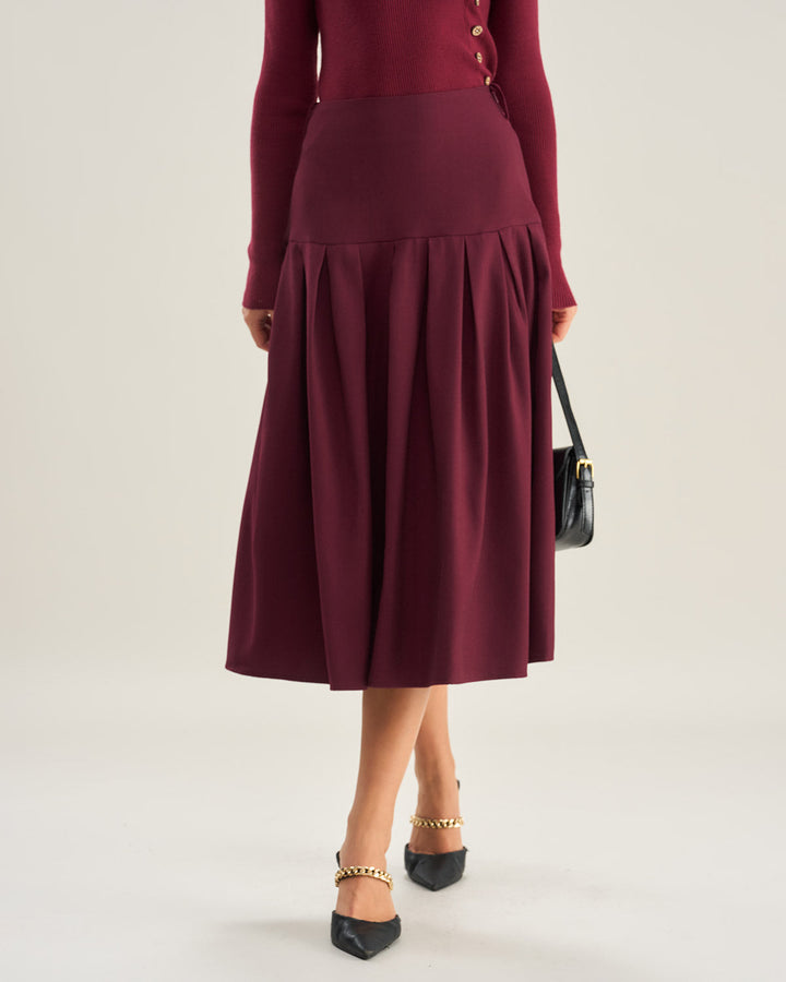 Morgan and Brooke | Natural Waisted Pleated Midi Skirt in Wine Red