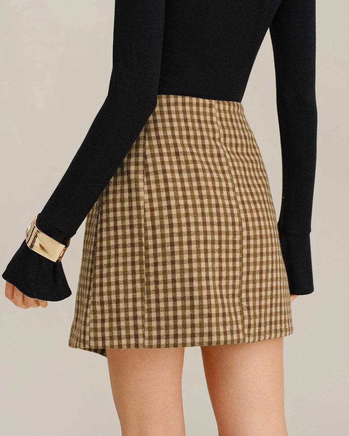 Morgan and Brooke | Khaki Plaid Wrap Mini Skirt