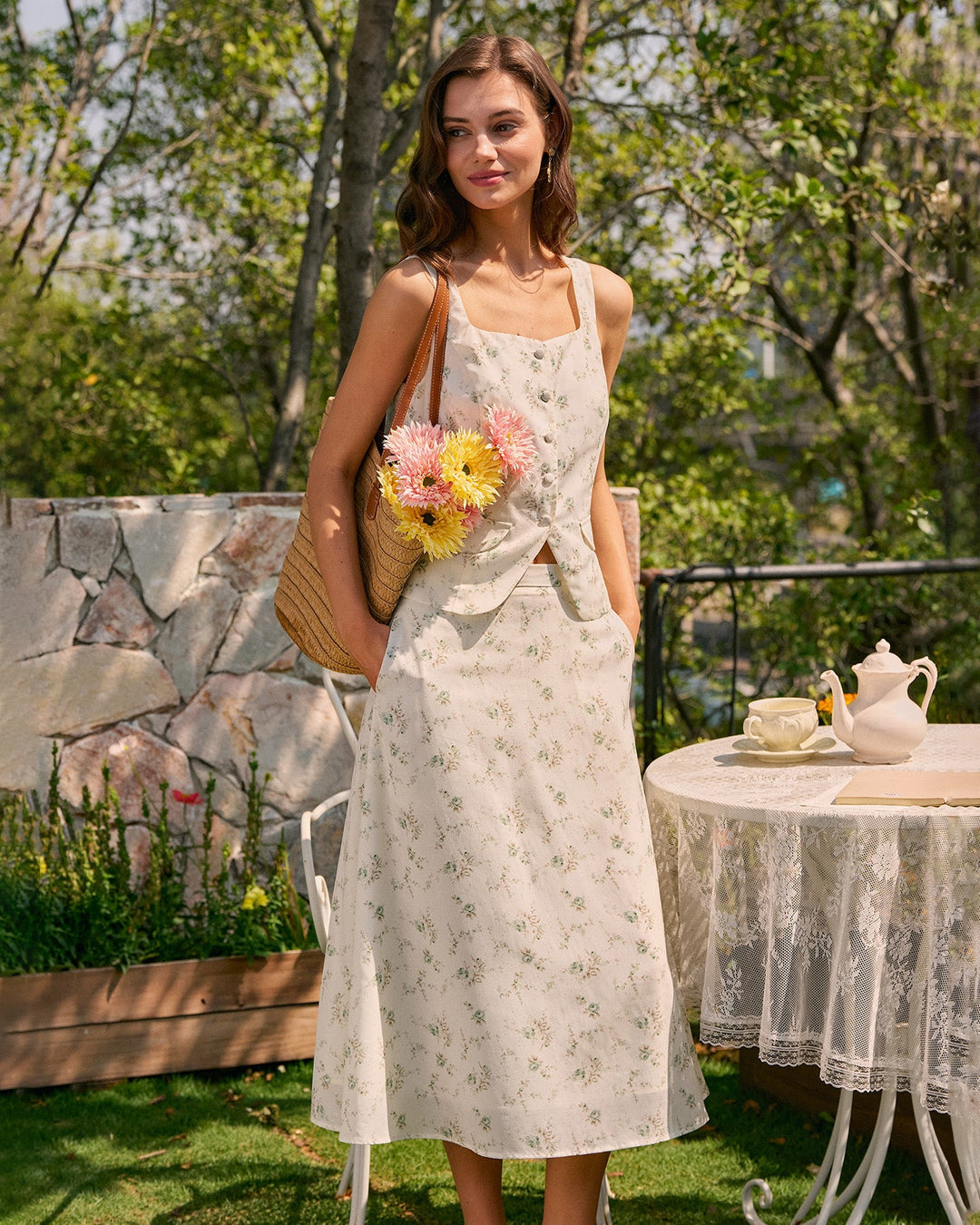 Morgan and Brooke | Floral Midi Skirt for Women in Green