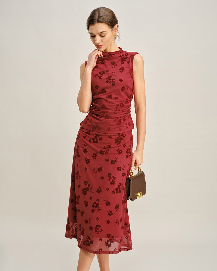 Morgan and Brooke | Floral Midi Skirt for Women in Red