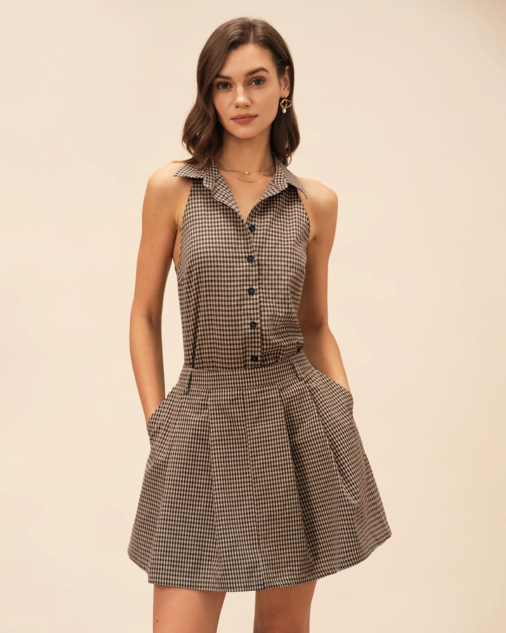 Morgan and Brooke | Brown Plaid Ruched Skirt