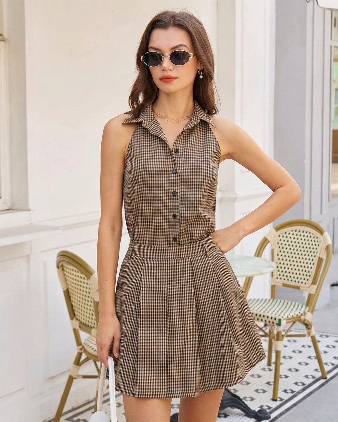 Morgan and Brooke | Brown Plaid Ruched Skirt