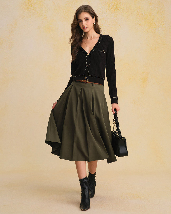 Morgan and Brooke | A-Line Pleated Midi Skirt in Green