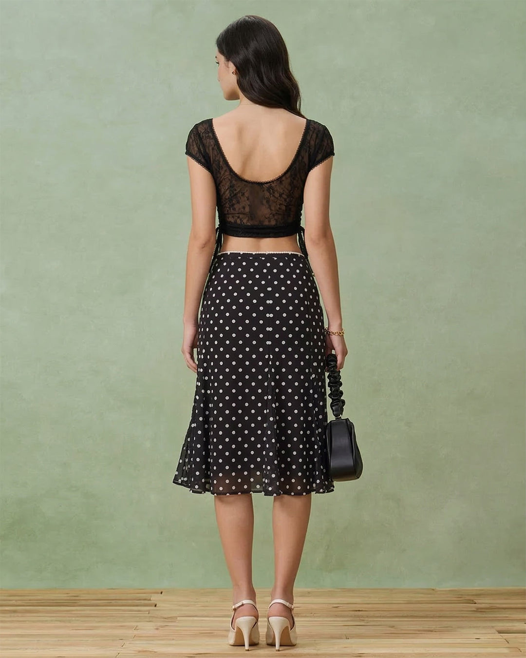 Morgan and Brooke | Polka Dot Midi Skirt for Women in Black