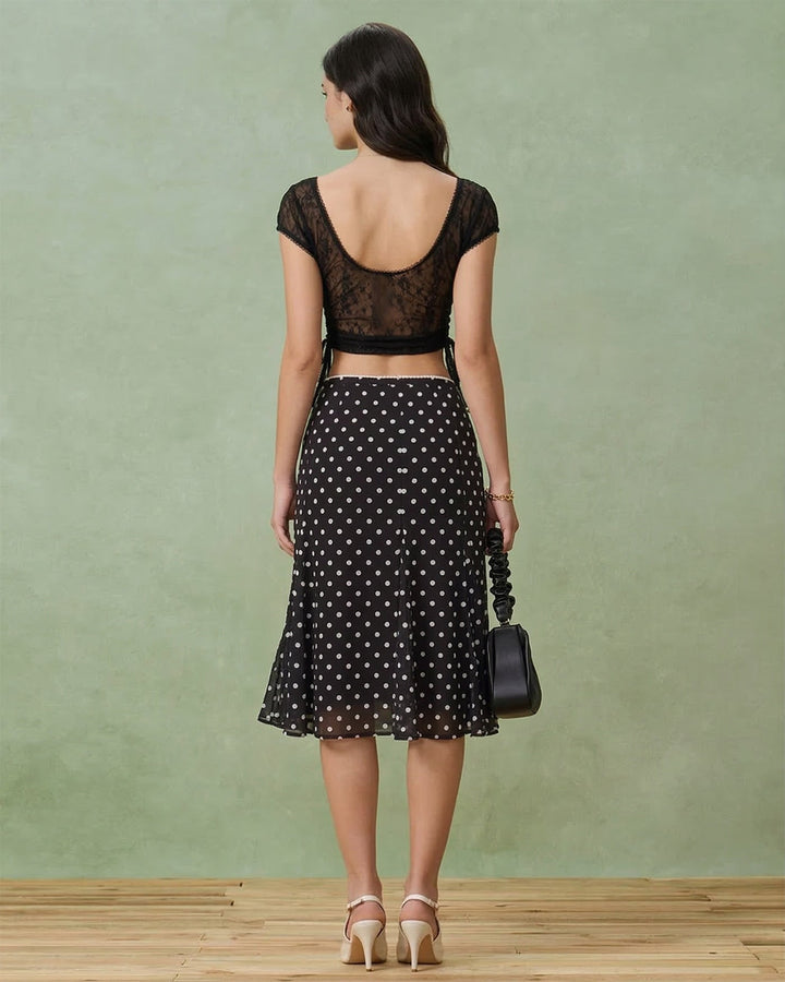Morgan and Brooke | Polka Dot Midi Skirt for Women in Black