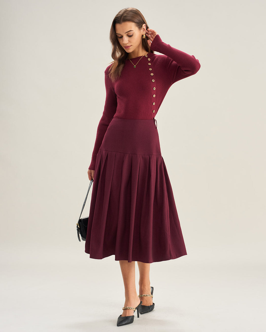 Morgan and Brooke | Natural Waisted Pleated Midi Skirt in Wine Red