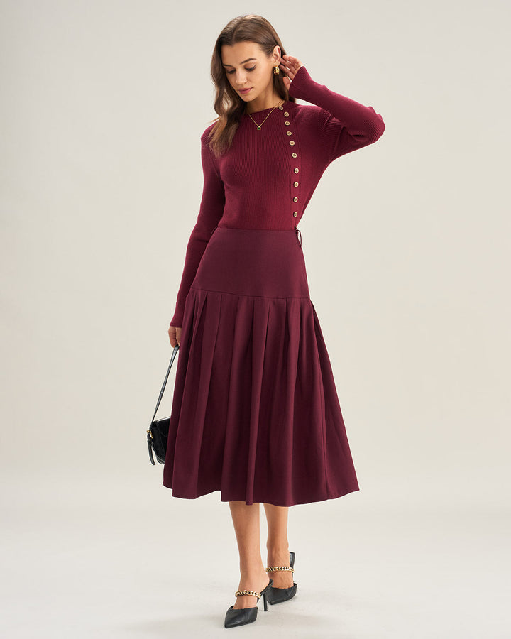Morgan and Brooke | Natural Waisted Pleated Midi Skirt in Wine Red