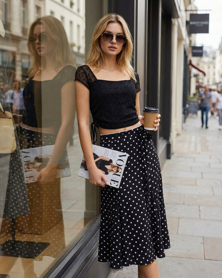Morgan and Brooke | Polka Dot Midi Skirt for Women in Black