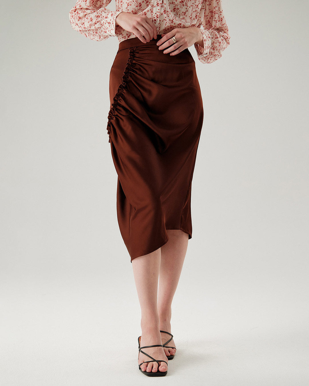 Morgan and Brooke | Ruched Pencil Midi Skirt for Women in Coffee