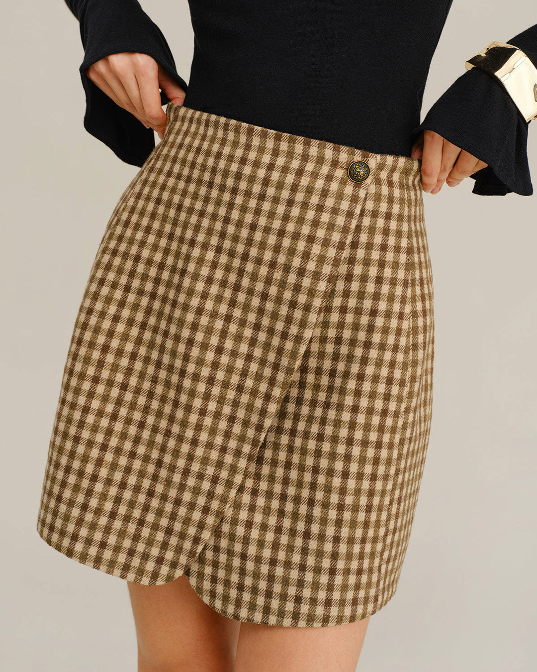 Morgan and Brooke | Khaki Plaid Wrap Mini Skirt