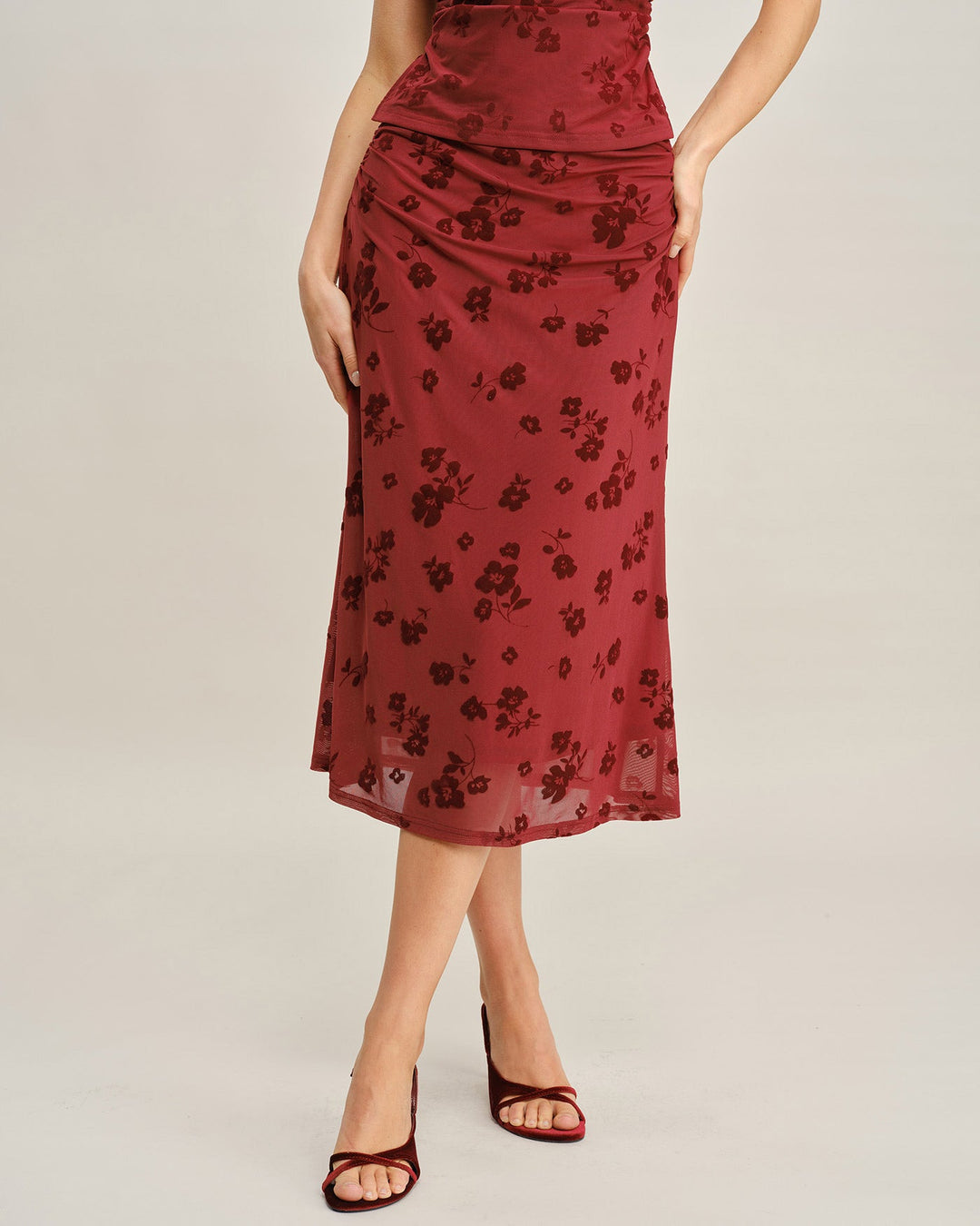 Morgan and Brooke | Floral Midi Skirt for Women in Red