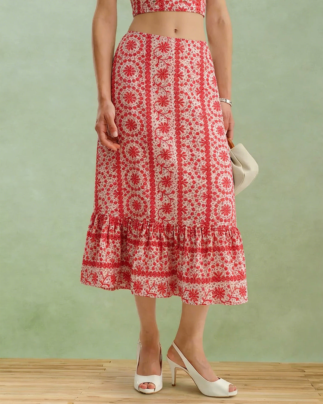 Morgan and Brooke | Floral Ruched Midi Skirt for Women in Red