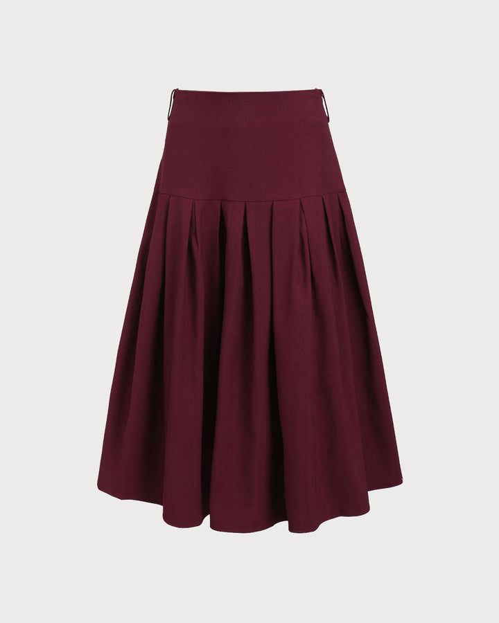 Morgan and Brooke | Natural Waisted Pleated Midi Skirt in Wine Red