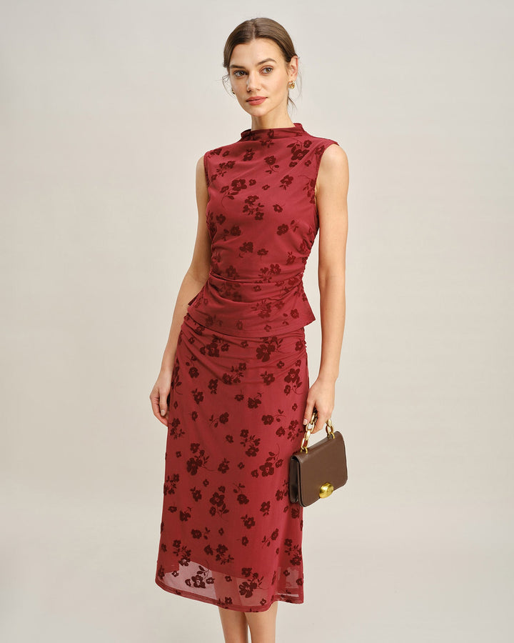 Morgan and Brooke | Floral Mock Neck Tank Top for Women in Red