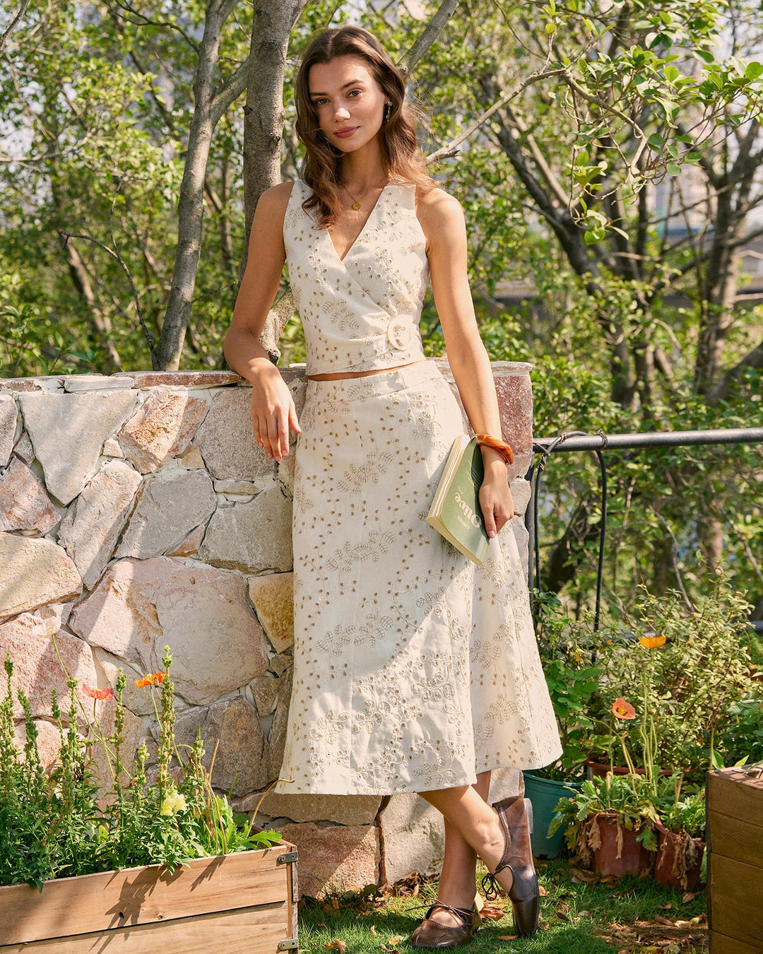 Morgan and Brooke | Beige V Neck Embroidered Tank Top