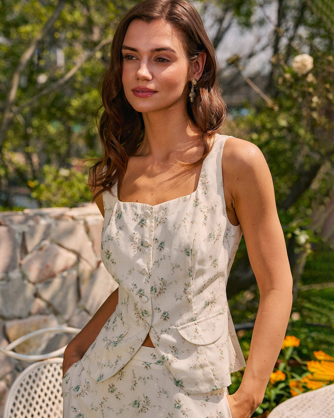 Morgan and Brooke | Floral Square Neck Tank Top for Women in Green