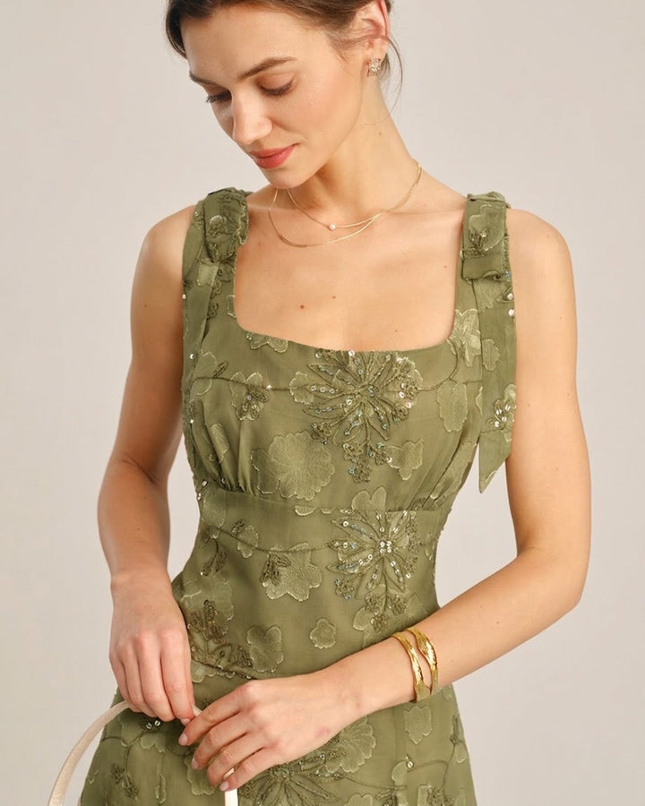 Morgan and Brooke | Green Jacquard Square Neck Tank Top