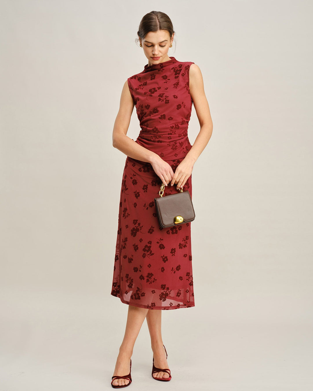 Morgan and Brooke | Floral Mock Neck Tank Top for Women in Red