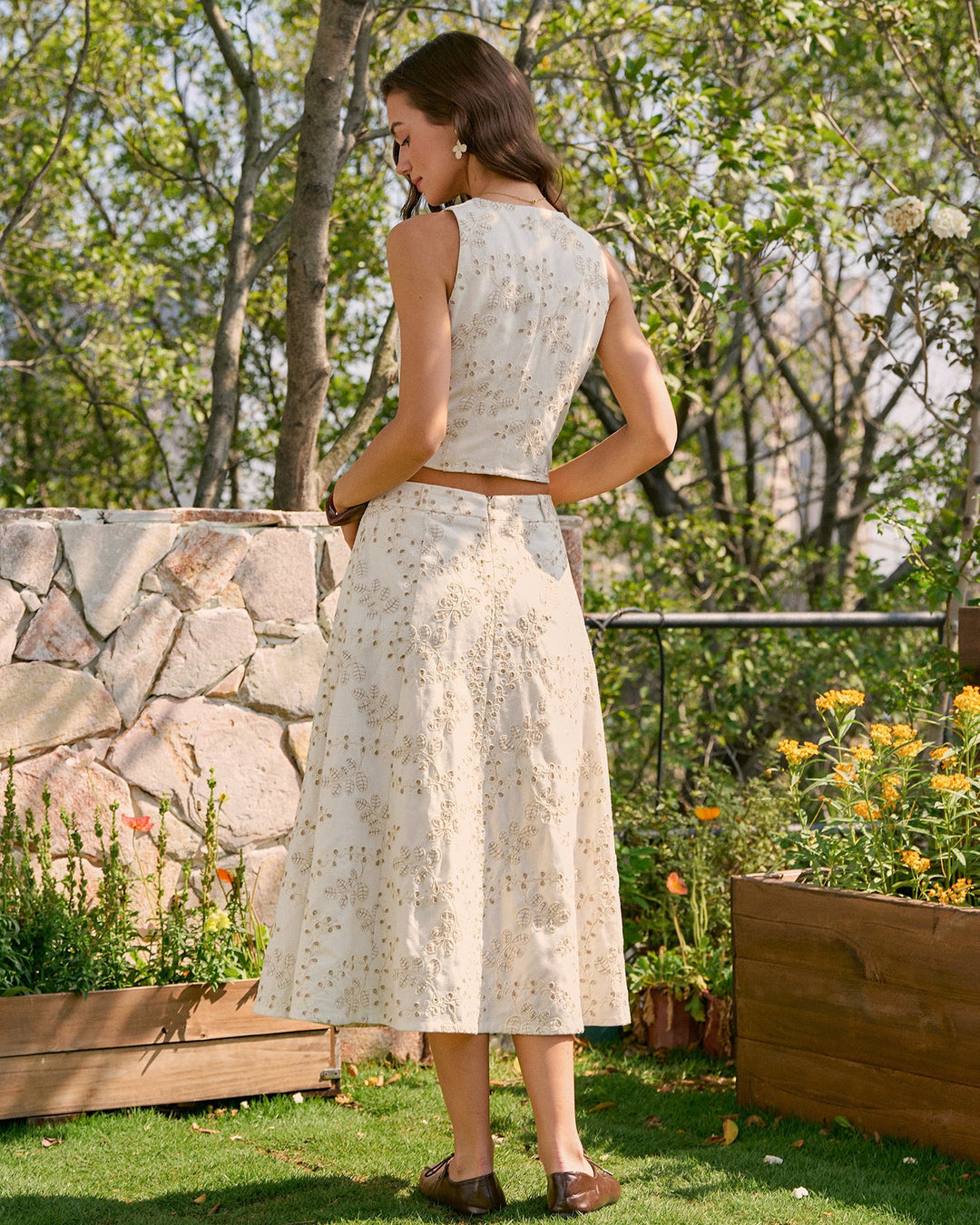 Morgan and Brooke | Beige V Neck Embroidered Tank Top