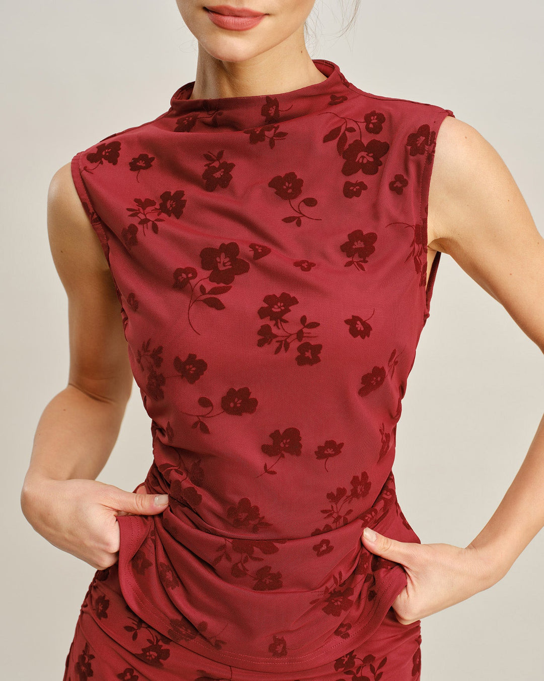 Morgan and Brooke | Floral Mock Neck Tank Top for Women in Red