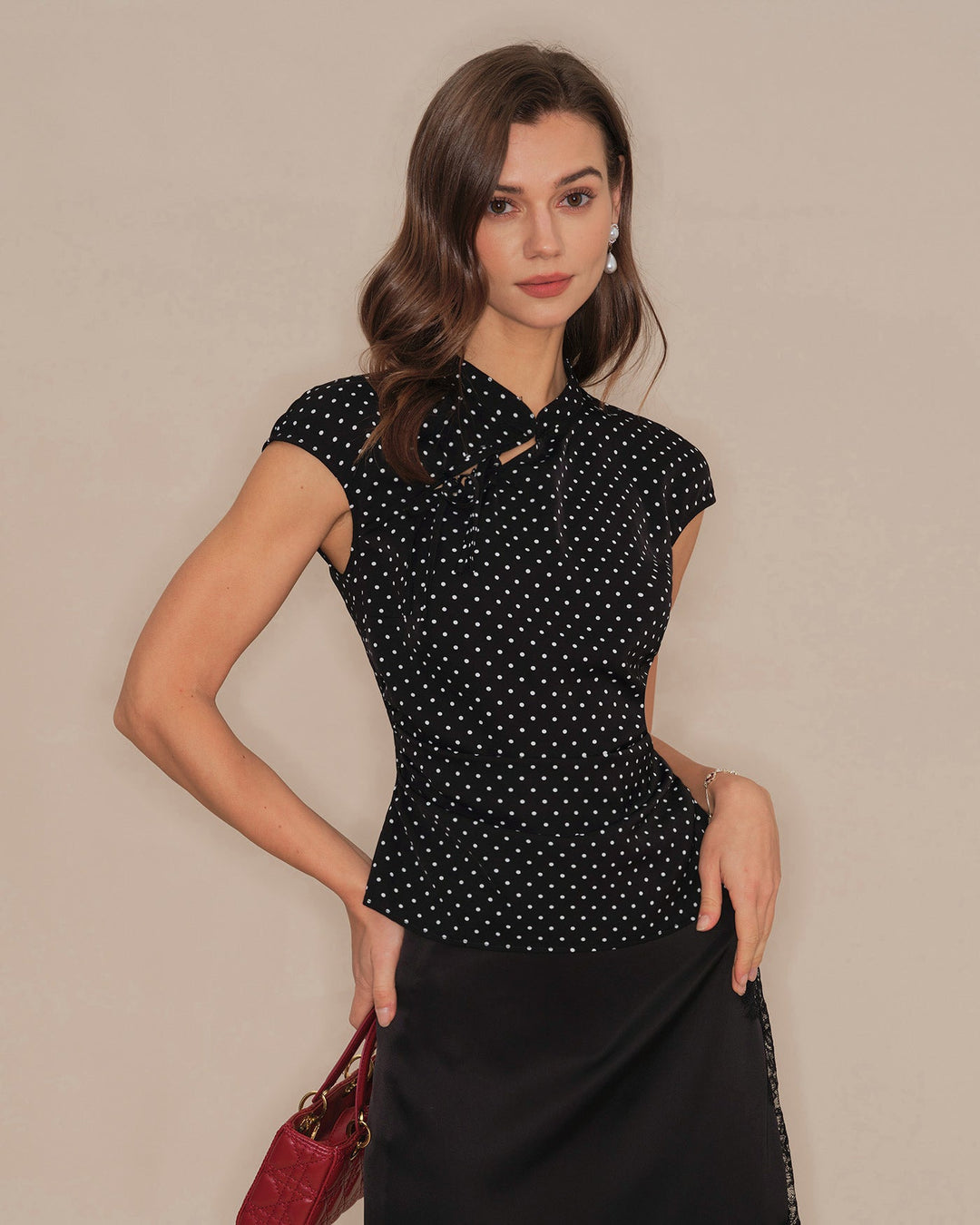 Morgan and Brooke | Black Polka Dot Mandarin Collar Top
