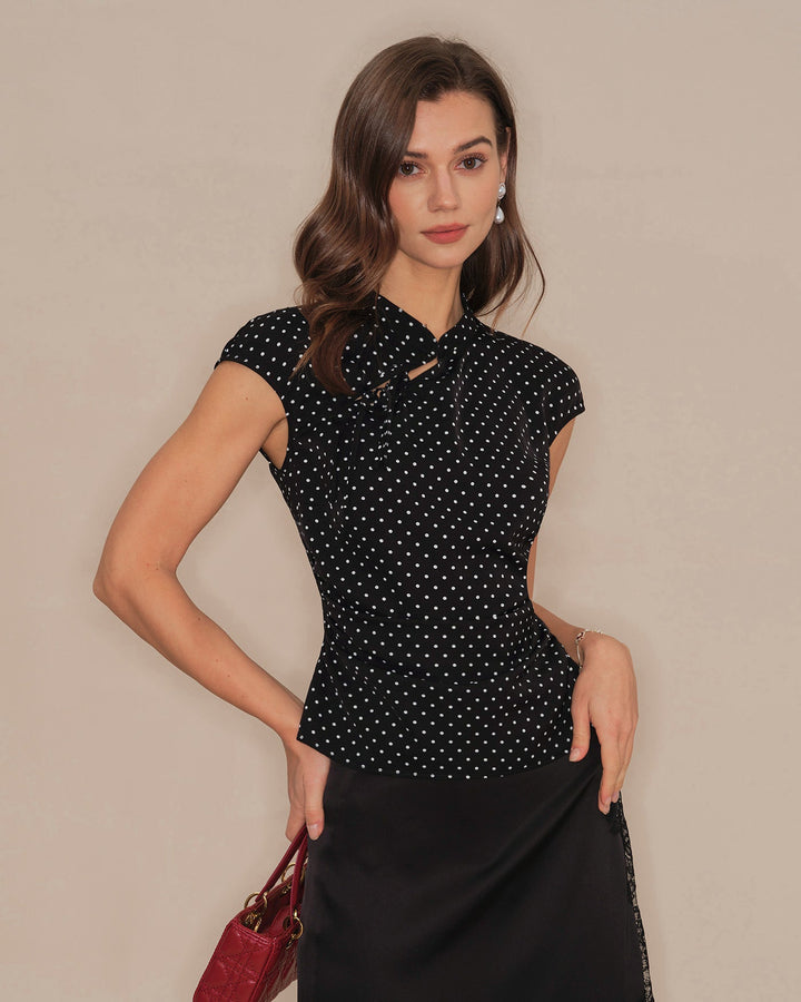 Morgan and Brooke | Black Polka Dot Mandarin Collar Top