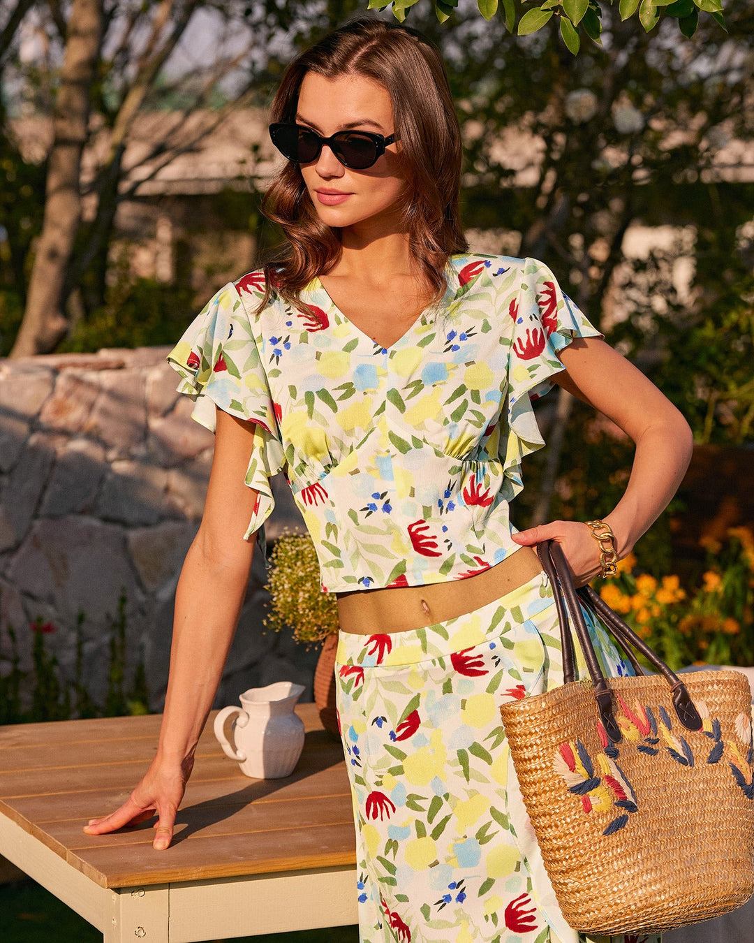 Morgan and Brooke | Floral V Neck Ruffle Top
