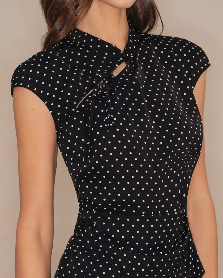 Morgan and Brooke | Black Polka Dot Mandarin Collar Top