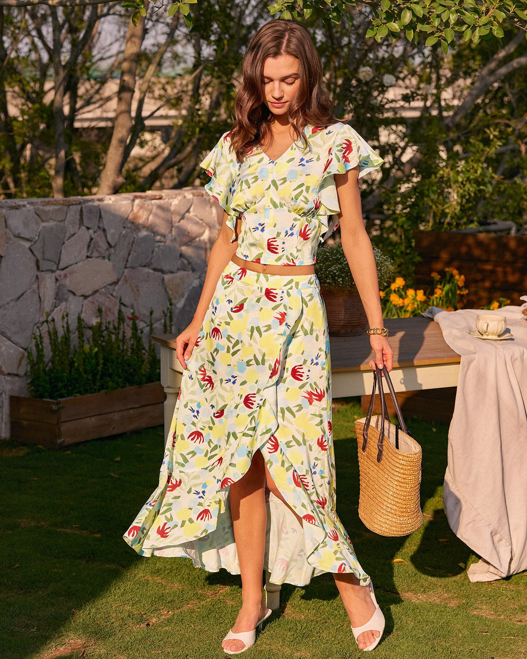 Morgan and Brooke | Floral V Neck Ruffle Top